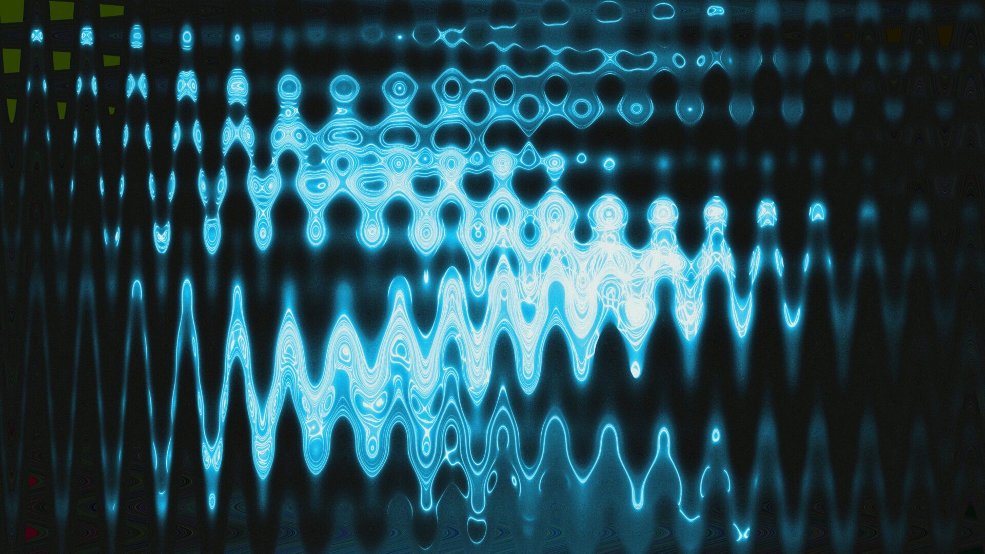 Abstract digital pattern of glowing neon-blue and white waves distorting against a dark background.